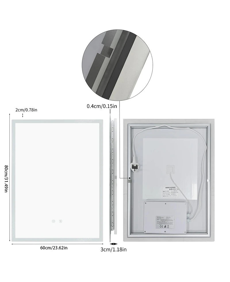 Luvodi 24" x 32" Rectangular Wall Mirror Anti-Fog Led Mirror Stepless Dimmable Lighted Bathroom Mirror