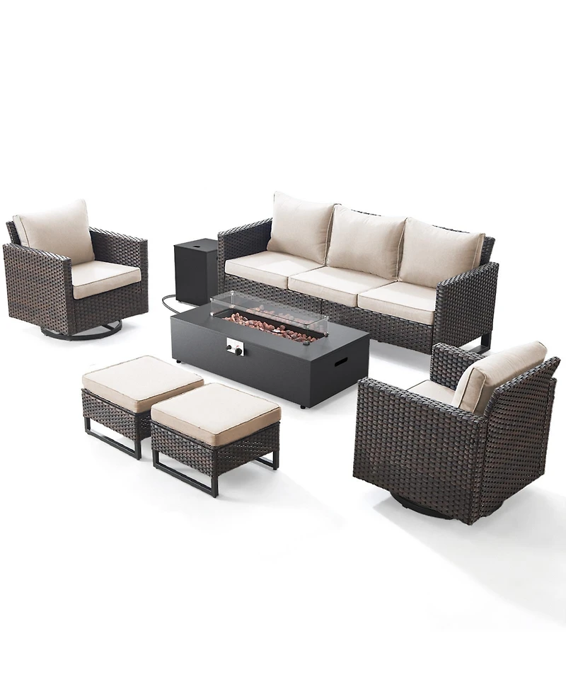 Pocassy 7 Pieces Patio Furniture Sets with Fire Pit Table Set, Wicker Rattan Outdoor Swivel Rocking Chairs Set 3-Seat Couch and Ottomans
