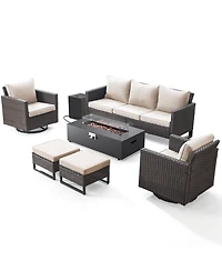 Pocassy 7 Pieces Patio Furniture Sets with Fire Pit Table Set, Wicker Rattan Outdoor Swivel Rocking Chairs Set 3-Seat Couch and Ottomans