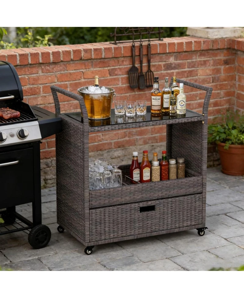 Yiortwo Outdoor Wicker Bar Cart with Tempered Glass Top Rolling Patio Serving Cart with Storage Drawer