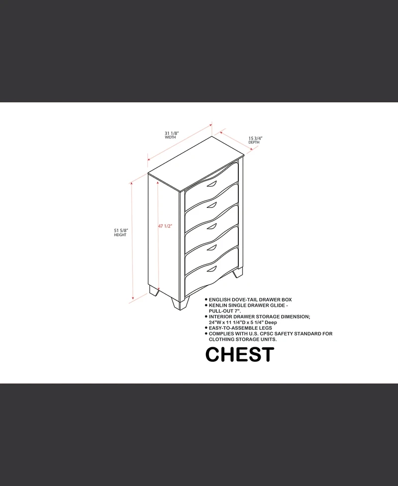 Kings Brand Furniture Engineered Wood and Contemporary Design Brielle 5-Drawer Chest