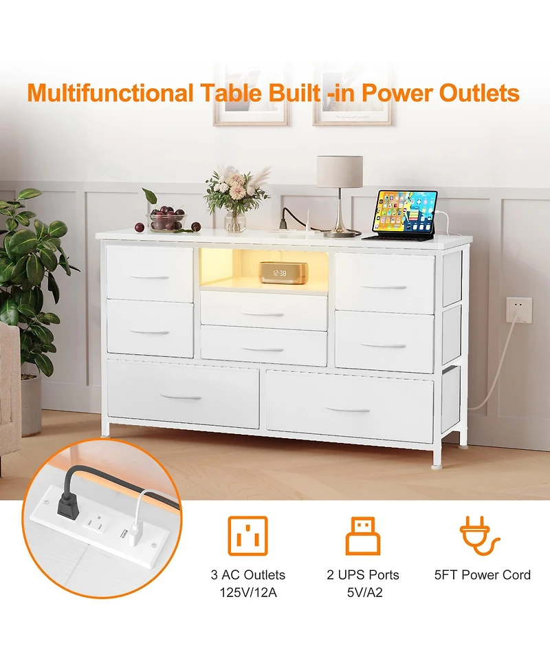 homfan Modern Tv Stand Dresser with Led Lighting and Built-in Charging Station - Durable Storage Chest with Deep Drawers for Bedroom and Living Room