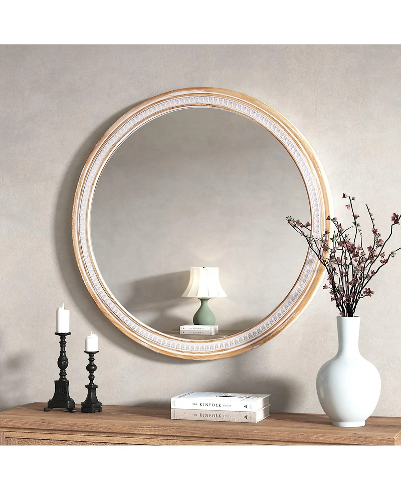 Phying 30 Inch Solid Wood Round Wall Mirror Farmhouse Boho Shabby Chic Decorative Vanity Mirror for Bathroom Living Room Entryway