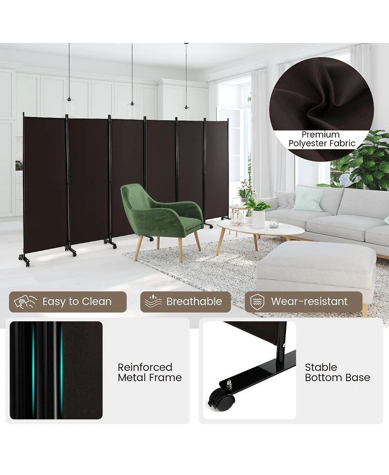 sumyeg 6-Panel Foot Rolling Room Divider with Lockable Wheels for Indoor Privacy