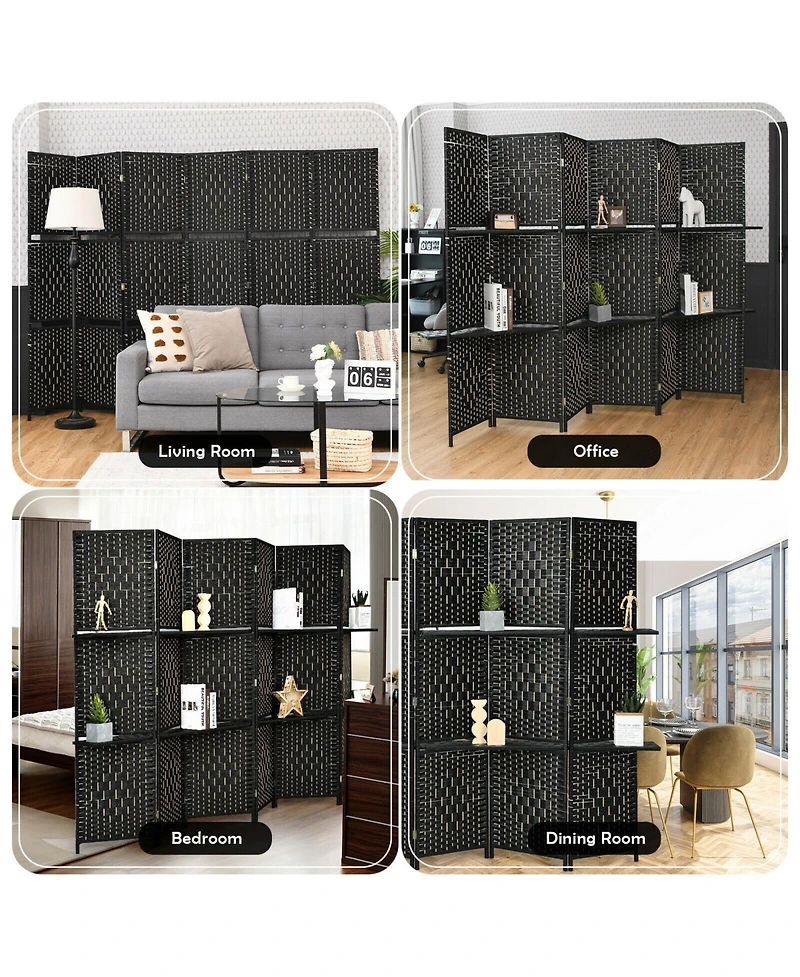 sumyeg 6-Panel Folding Fiber Room Divider with 2 Display Shelves for Indoor Use