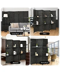 sumyeg 6-Panel Folding Fiber Room Divider with 2 Display Shelves for Indoor Use