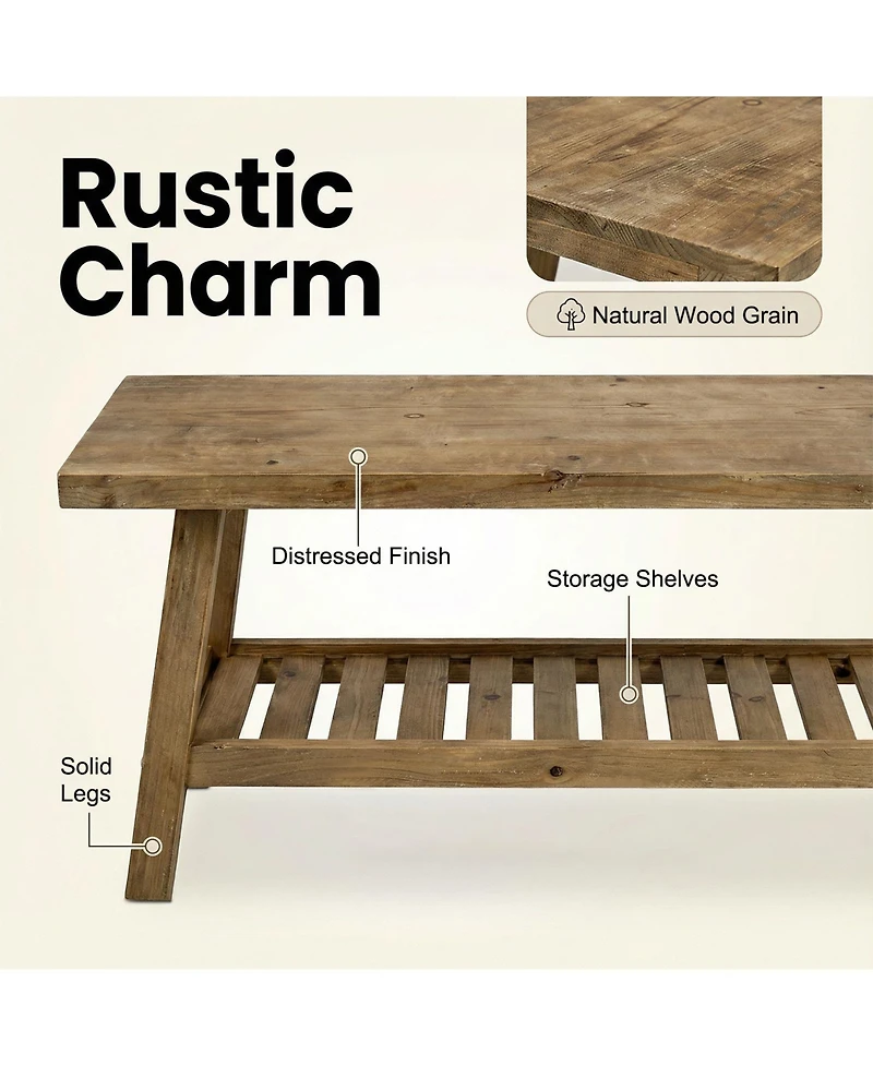 flynama 43" Distressed Farmhouse Solid Wood 2-Tier Entry Storage Bench