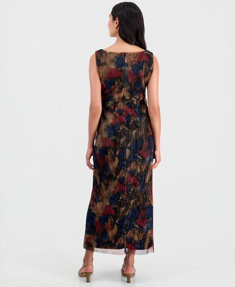 Connected Petite Metallic-Print Twist-Front Sleeveless Dress