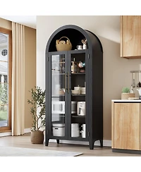 homfan Farmhouse 5-Tier Arched Pantry Cabinet, Display Shelf with Two Glass Doors and Adjustable Shelving, Multi-use Cupboard for Kitchen