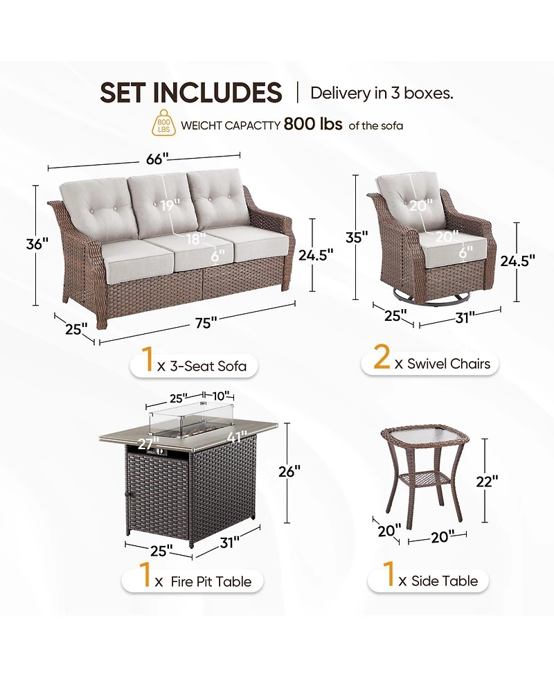 Pocassy 5-Piece Wicker Patio Conversation Set with Thick Cushions and Fire Pit Table