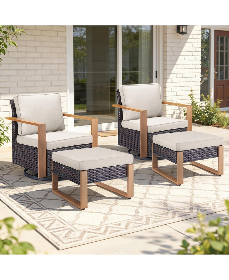 Pocassy 4 Pieces Patio Furniture Sets, Wicker Swivel Glider Chairs Set with 2 Ottoman, Outdoor for Outside Porch