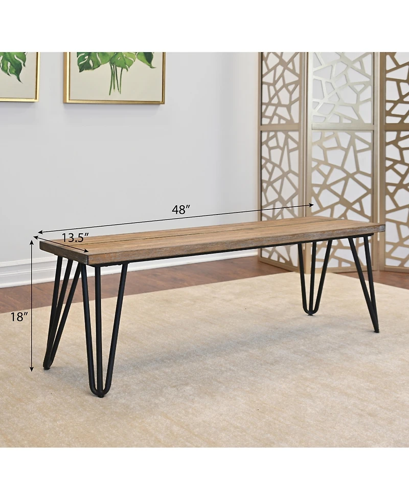 Flynama Aryven Industrial Dining Bench - Rustic Dark Pine Wood Top with Hairpin Metal Legs