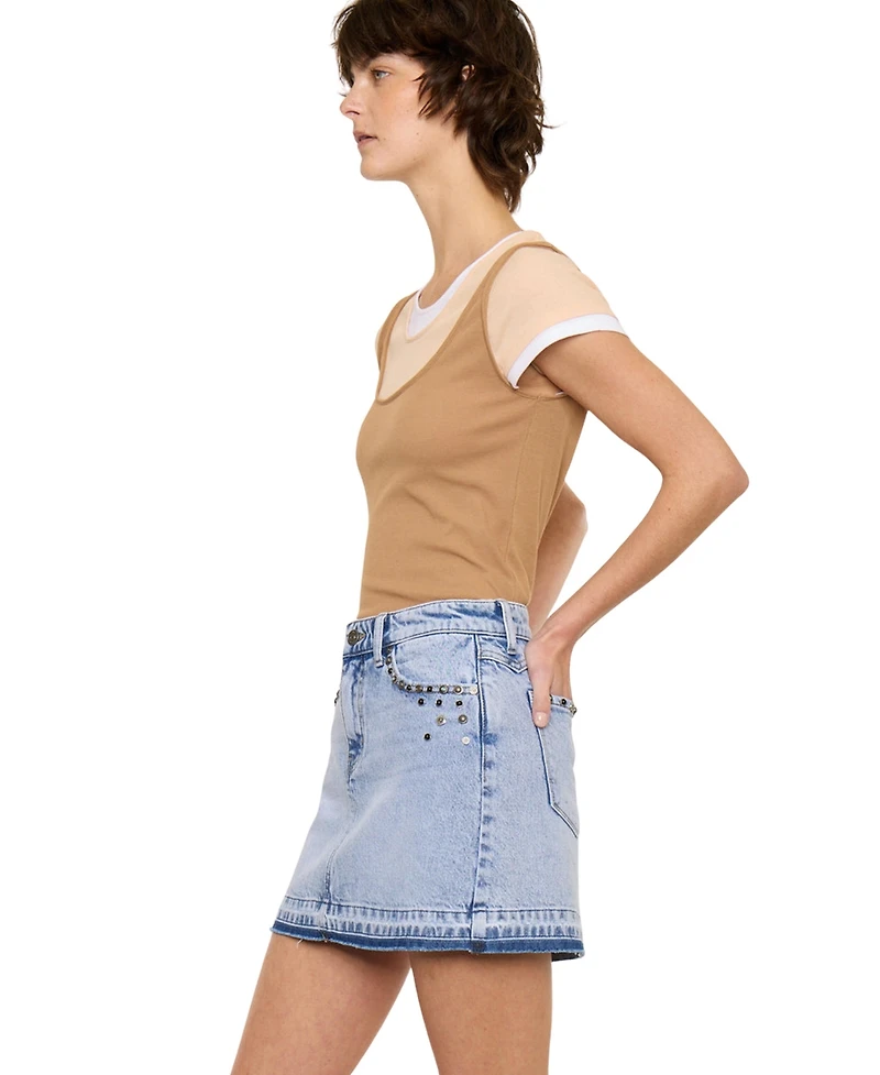 KanCan Women's Usa Mildred Mid Rise Western Studded Denim Skirt