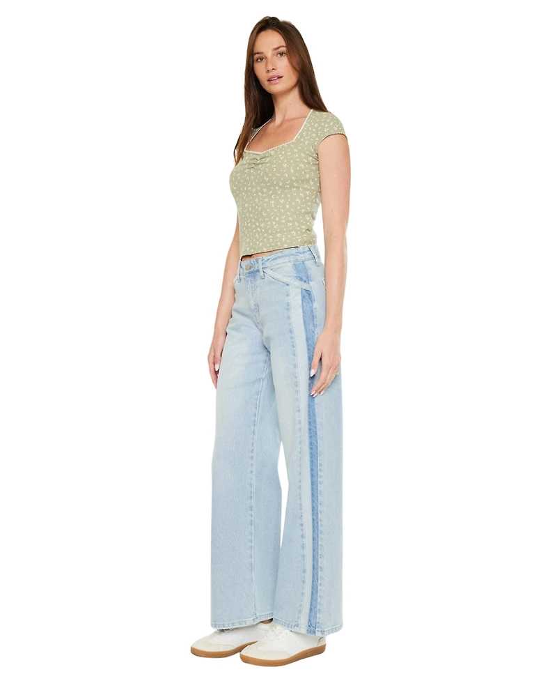 KanCan Women's High Rise Colorblock Wide Leg Jeans