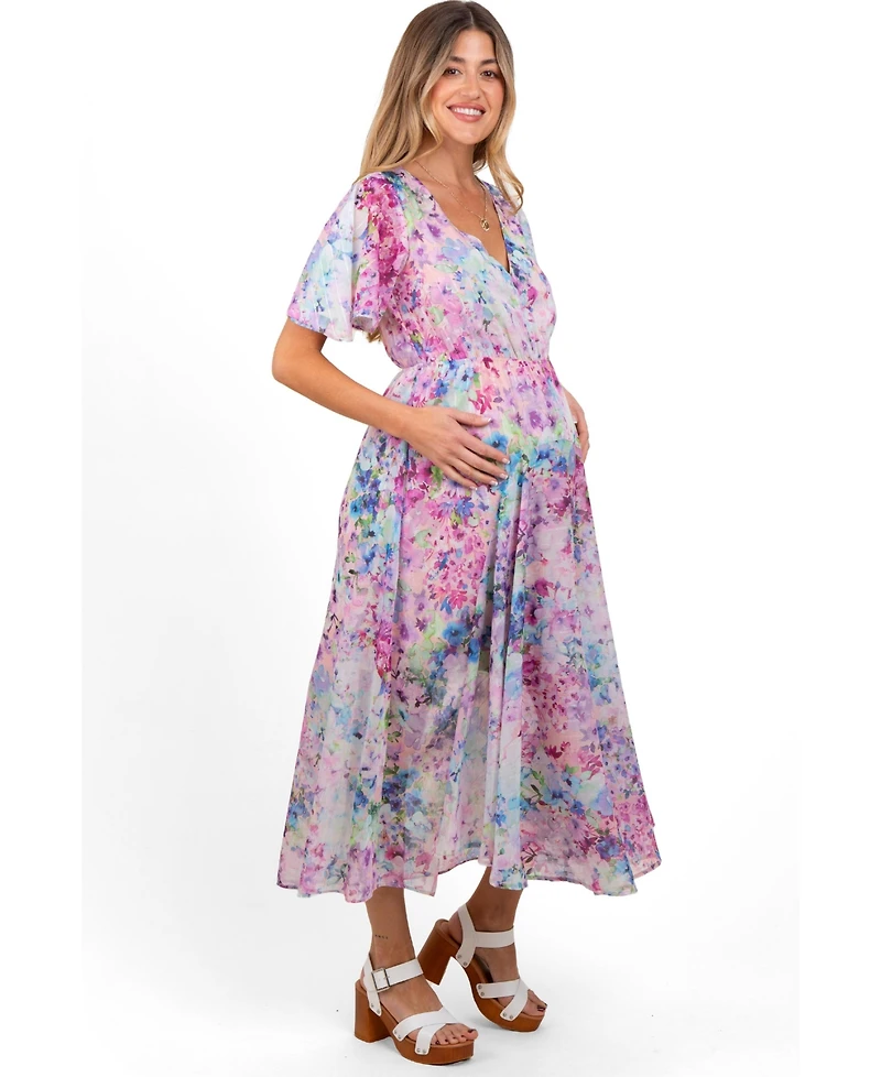 Pinkblush Floral Flutter Sleeve Maternity Midi Dress