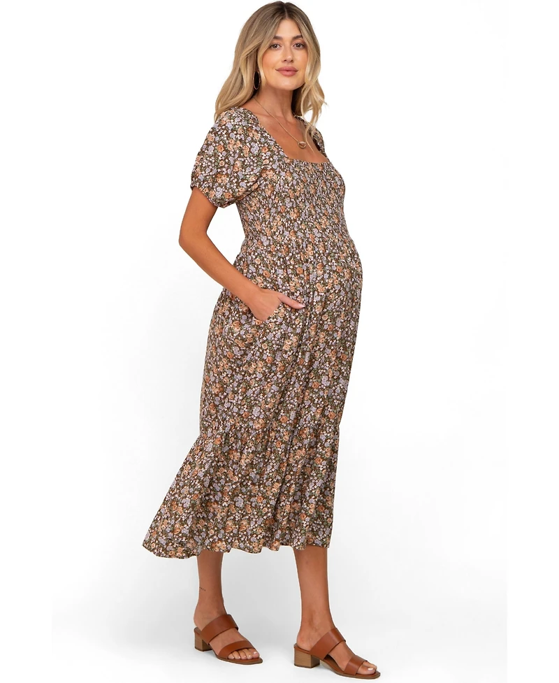 Pinkblush Maternity Taupe Floral Smocked Puff Sleeve Midi Dress