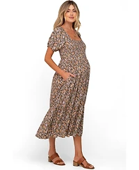 Pinkblush Maternity Taupe Floral Smocked Puff Sleeve Midi Dress