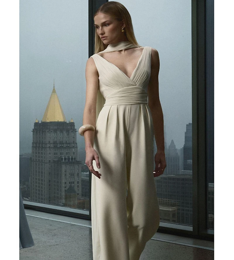 Miss Circle Women's Harper Ivory Ruched V-Neck Jumpsuit with Scarf