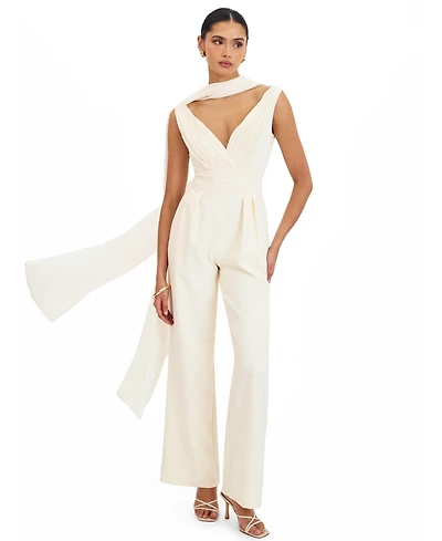 Miss Circle Women's Harper Ivory Ruched V-Neck Jumpsuit with Scarf