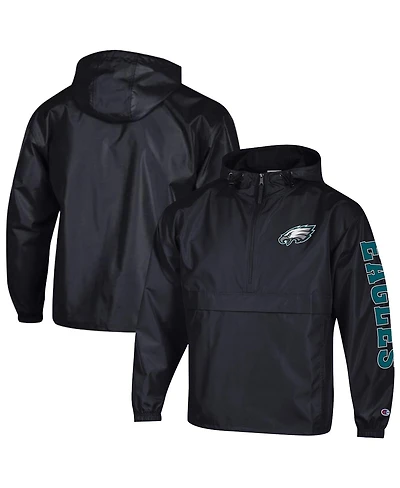 Champion Men's Black Philadelphia Eagles Packable Hooded Windbreaker Half-Zip Jacket