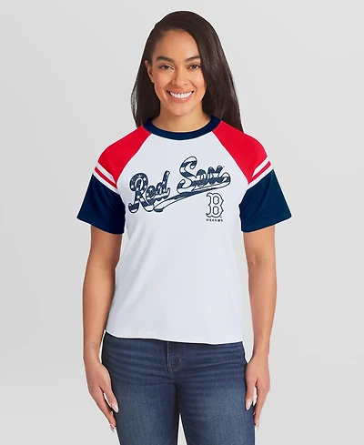 Wear by Erin Andrews Women's White Boston Red Sox Striped Raglan T-Shirt