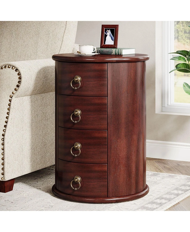 Slickblue Round Wood End Table with 4 Drawers for Living Room