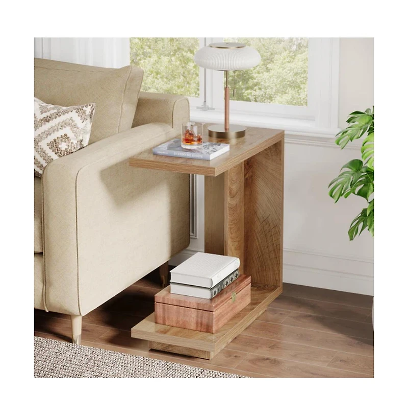 Slickblue Modern C Shaped End Table with Wooden Top for Sofa and Couch