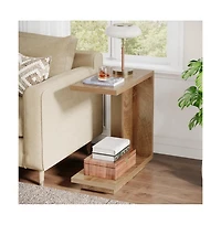 Slickblue Modern C Shaped End Table with Wooden Top for Sofa and Couch