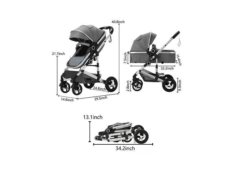 Kinder King Cozi 2 Convertible Baby Stroller, Folding High Landscape Design with Adjustable Canopy and Diaper Bag,