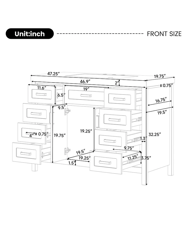 Sillysis 47 Inch Bathroom Vanity Cabinet, Freestanding Storage with Soft Close Drawers, Solid Wood Base for Modern Bathroom