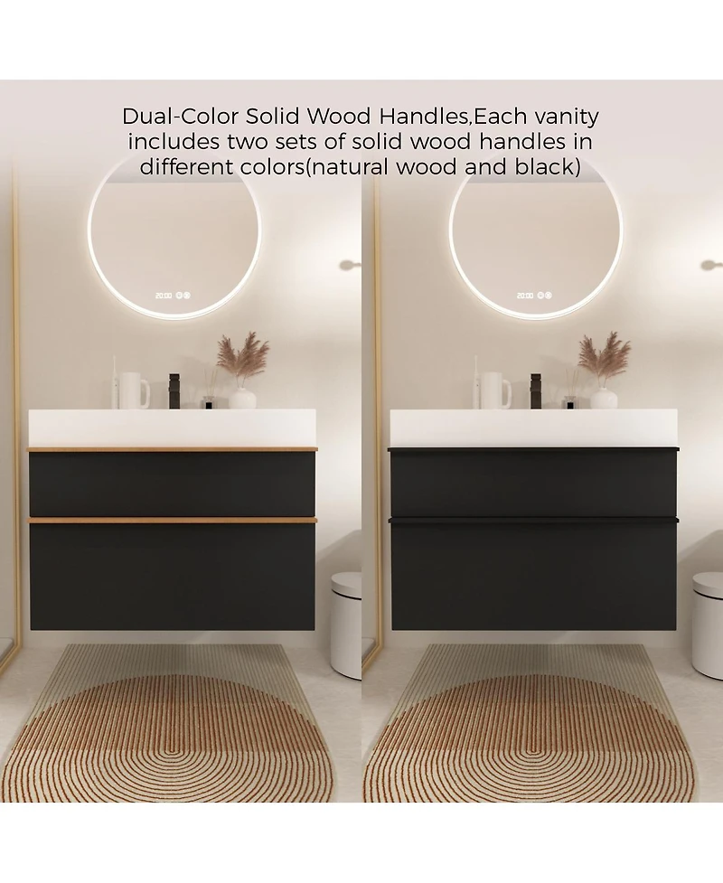 Sillysis Modern Wall Mounted Bathroom Vanity with Acrylic Sink, Dual-Tone Wood Handles, Soft Close Drawers