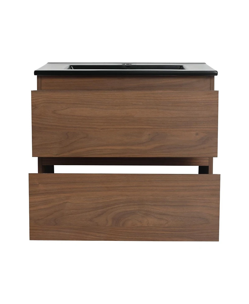 Sillysis 24 Inch Wall Mounted Bathroom Vanity with Ceramic Sink, Soft Close Drawers, Wood Grain Plywood for Modern Bathrooms