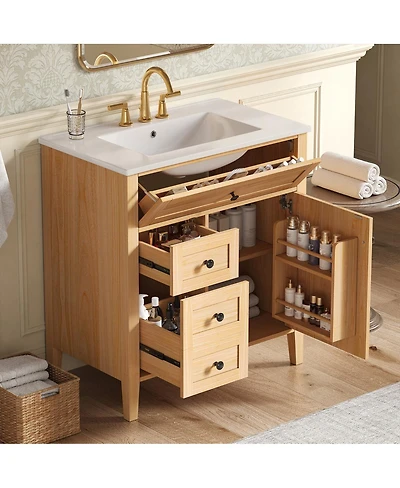 Sillysis 30 Inch Bathroom Vanity with Ceramic Sink, Rustic Wood Grain Cabinet, Soft Close Drawers, Adjustable Storage for Modern Bathrooms