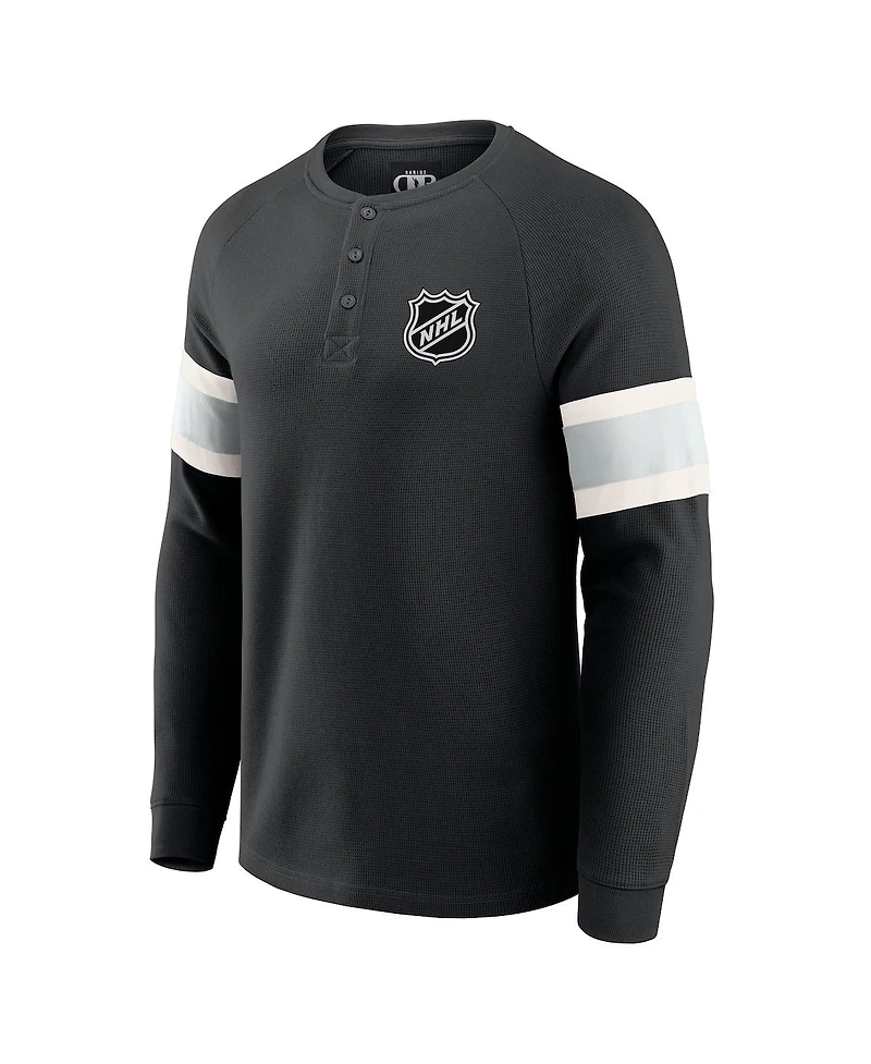 Fanatics Men's Black Nhl Waffle-Knit Raglan Long Sleeve Henley T-Shirt