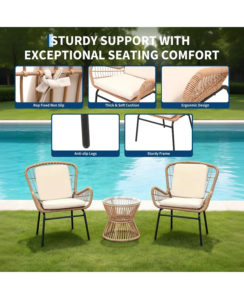 gaomon 3 Piece Outdoor Rattan Patio Bistro Set with Glass Top Table and 2 Chairs, All Weather Patio Furniture for Backyard, Poolside, Porch, Balcony