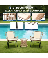 gaomon 3 Piece Outdoor Rattan Patio Bistro Set with Glass Top Table and 2 Chairs, All Weather Patio Furniture for Backyard, Poolside, Porch, Balcony