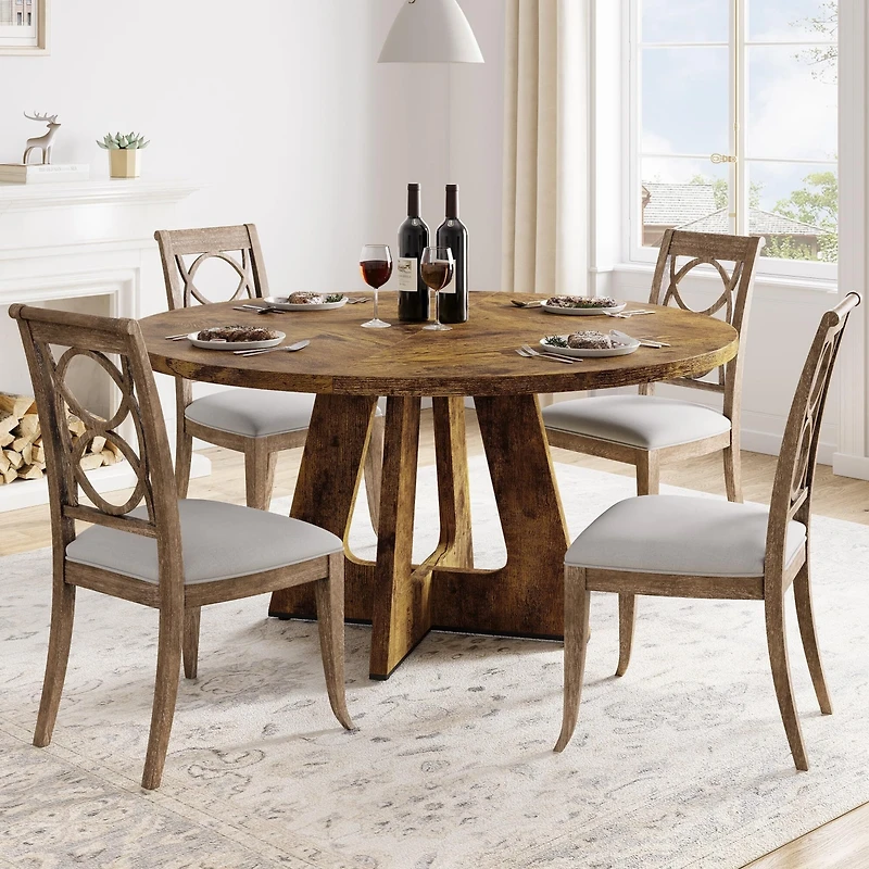 gaomon 47 Inch Round Farmhouse Dining Table Solid Pedestal Base Wooden Dinner Table For Four Family Members