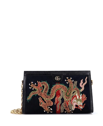 Pre-Owned Gucci Medium Ophidia Chain Shoulder Bag Embroidered Suede