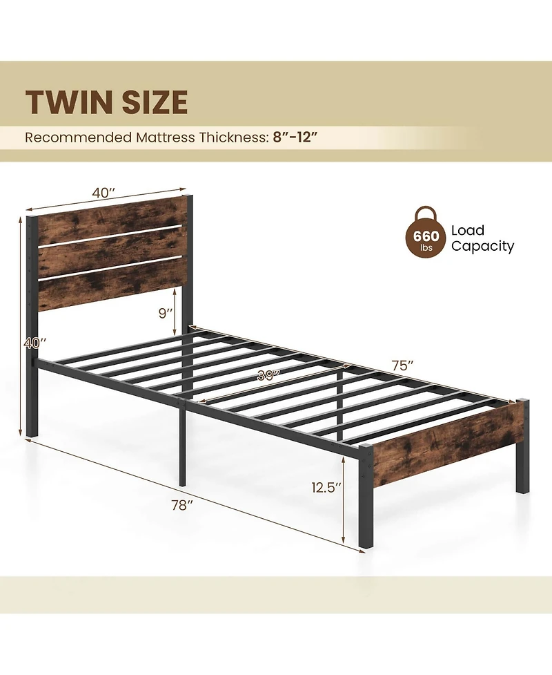 Costway Bed Frame with Tall Industrial Headboard Heavy-Duty Metal Slats Support