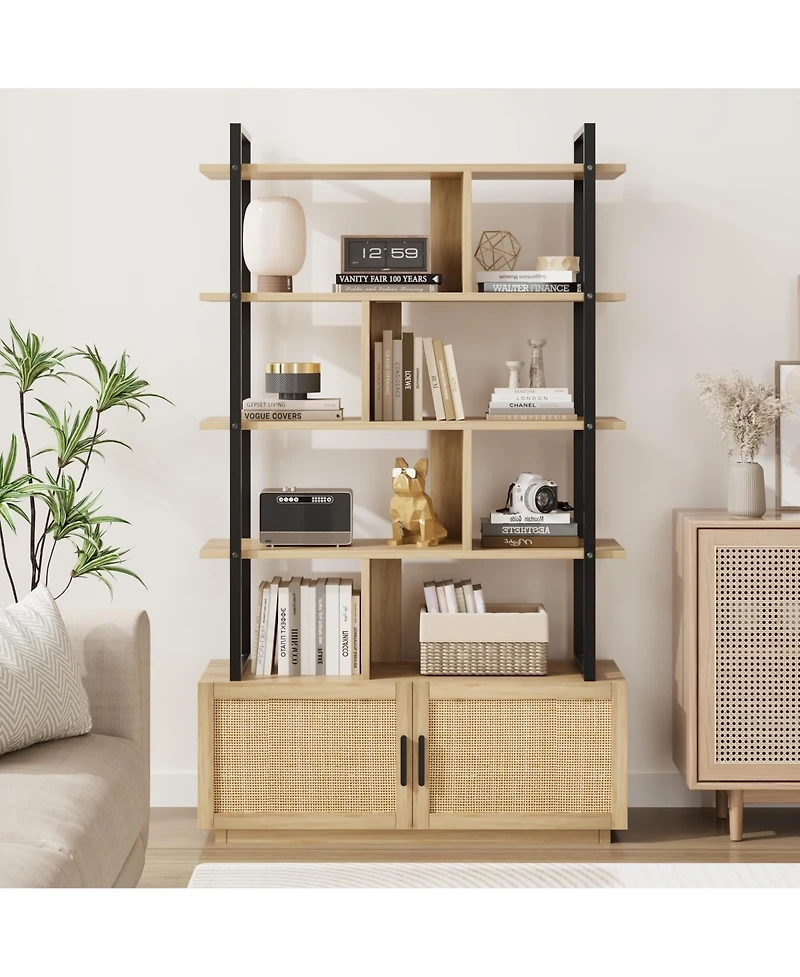 gaomon 5 Tier Rattan Bookshelf with Storage Cabinet Industrial Style Open Shelf Bookcase for Home Living Space