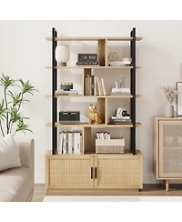 gaomon 5 Tier Rattan Bookshelf with Storage Cabinet Industrial Style Open Shelf Bookcase for Home Living Space