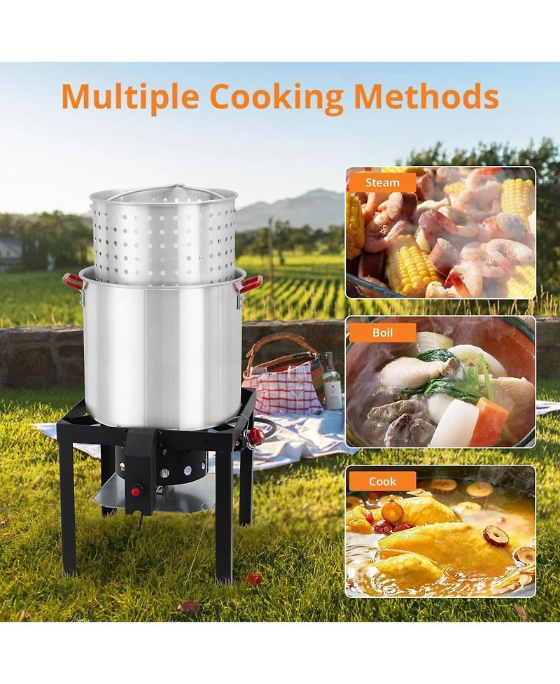 Xo 110,000 Btu 60-Quart Aluminum Seafood Boil Pot Kit with Steam/ Boil Basket and Strainer for Camping