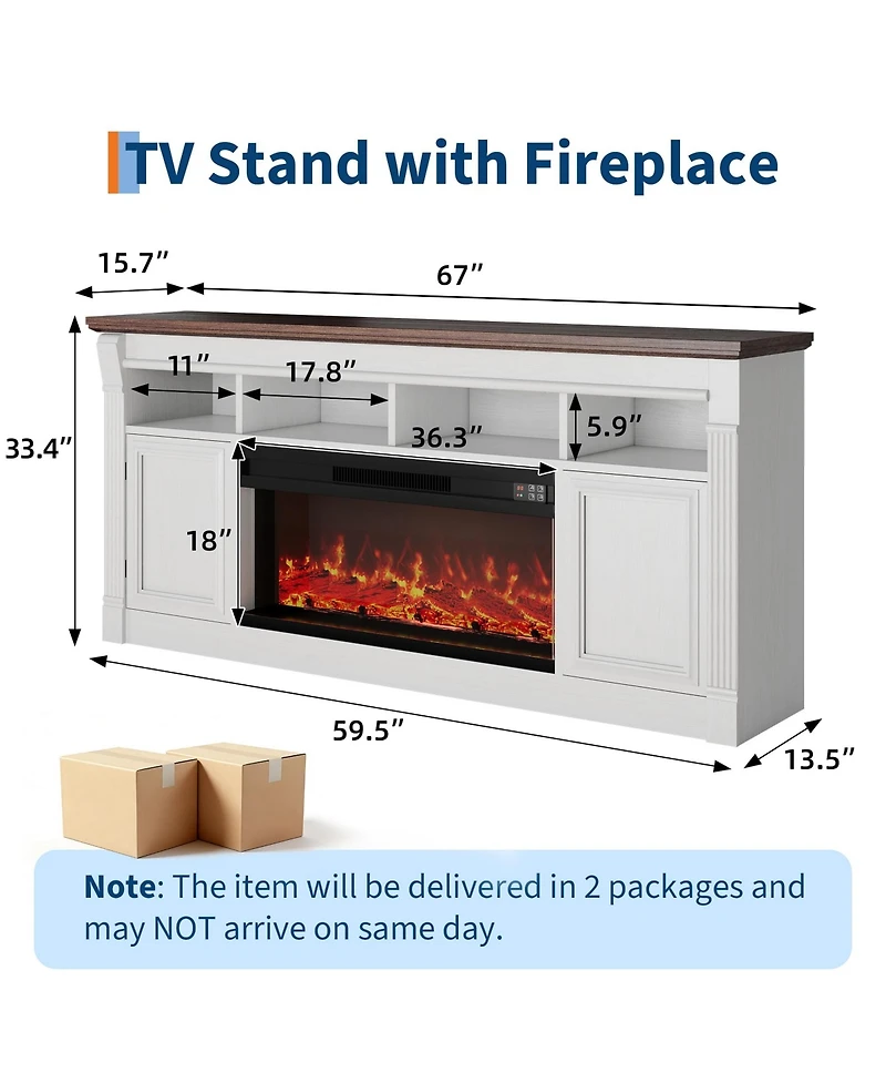 homfan 68 Inch Fireplace Tv Stand,Wooden Entertainment Center with 36 Inch Fireplace, Farmhouse Media Console with Storage Cabinets for Living Room