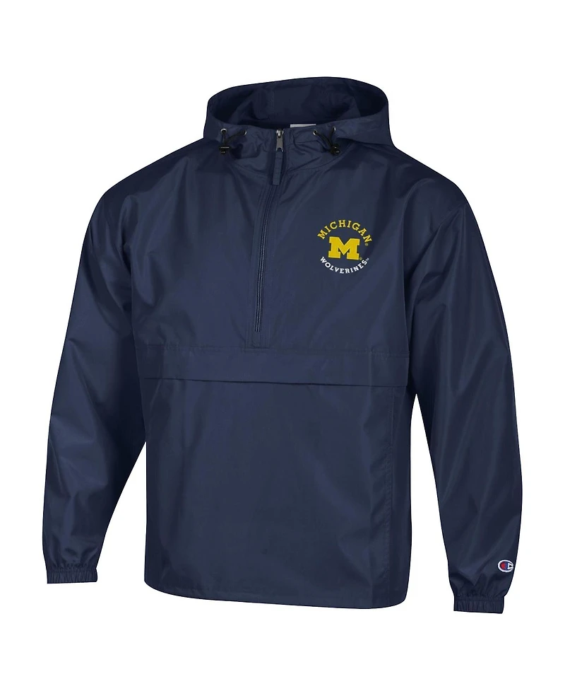 Champion Men's Navy Michigan Wolverines Packable Hooded Windbreaker Half-Zip Jacket