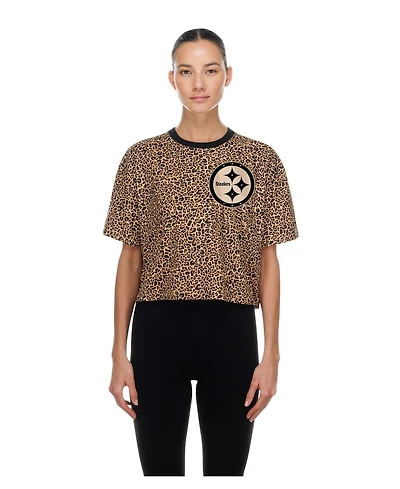 New Era Women's Brown Pittsburgh Steelers Mom Me Leopard Boxy Cropped T-Shirt