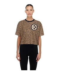 New Era Women's Brown Pittsburgh Steelers Mom Me Leopard Boxy Cropped T-Shirt