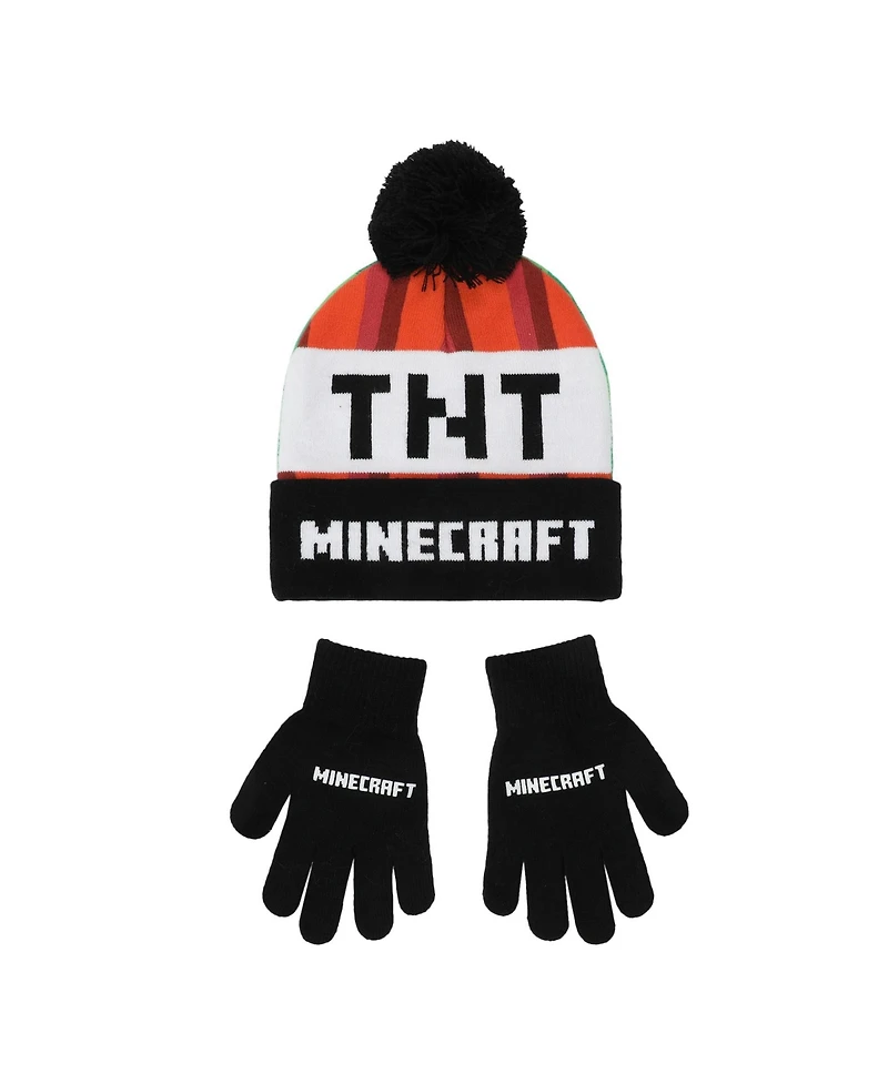 Minecraft Creeper Tnt Youth Winter Two Way Hat And Knit Gloves Cold Weather Set