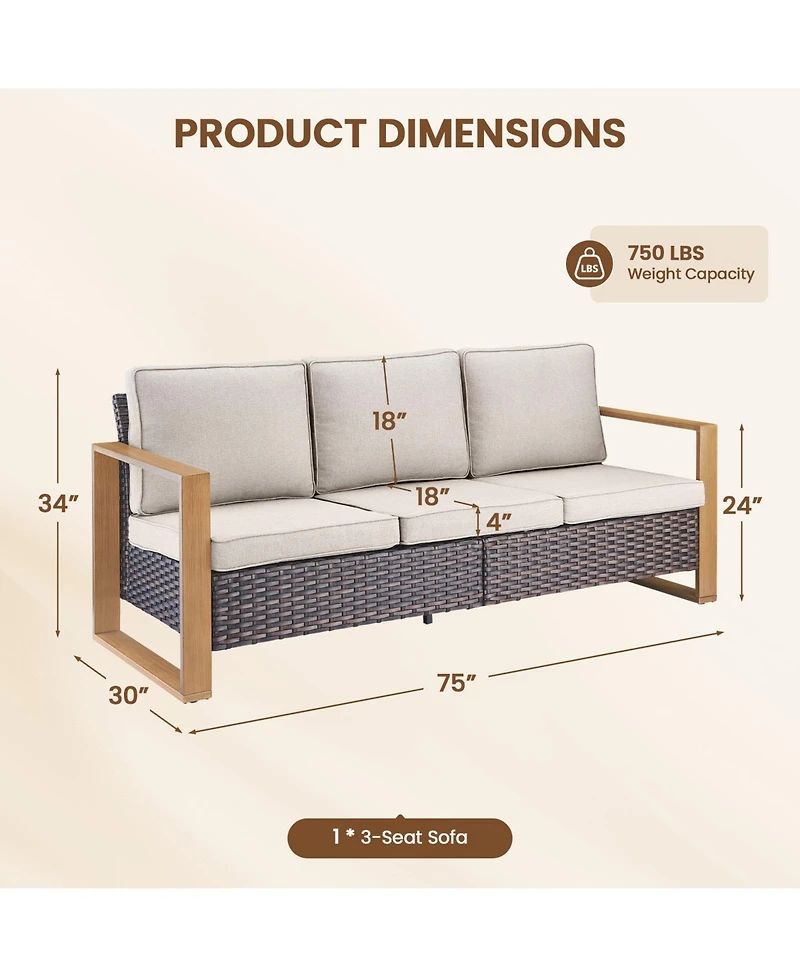 Pocassy Outdoor Patio Couch, 3 Seater Wicker Sofa with High Back, Deep Seating, Wide Armrest, Thickened Cushions