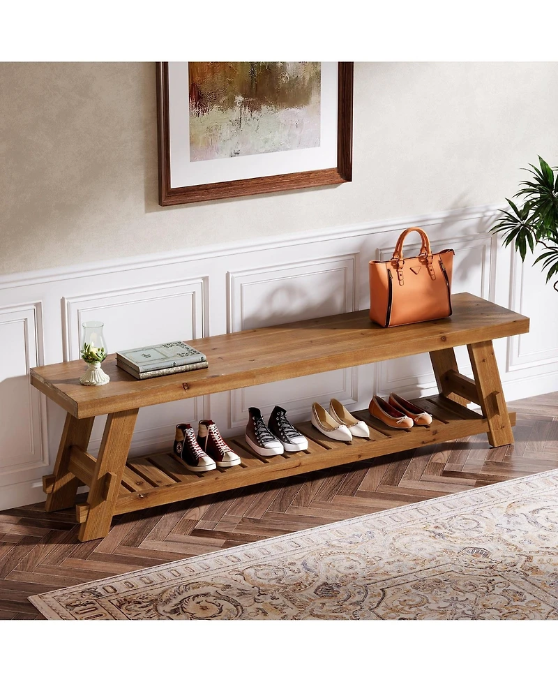 Slickblue 2-Tier Solid Wood Shoe Bench for Hallway or Foyer