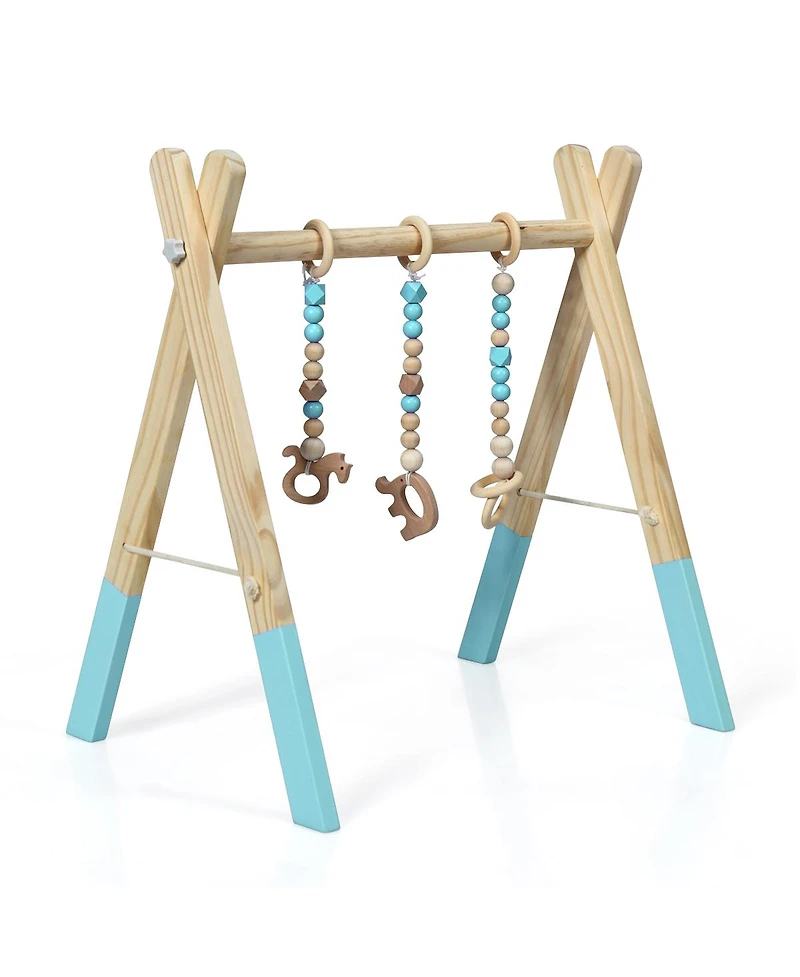 Costway Toddler Wooden Gym with 3 Wooden Teething Toys Hanging Bar